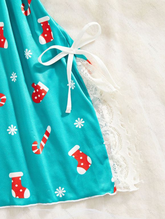 Robe de nuit de Noël avec nœud papillon et empiècement en dentelle et imprimé flocons de neige - Turquoise M | US 6