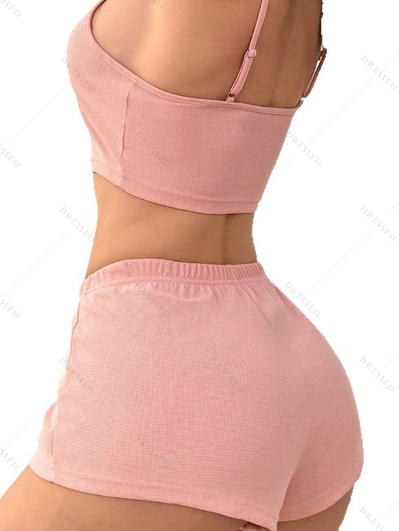 Ensemble de 3 pièces pour le salon, couleur unie, soutien-gorge, short, haut ouvert sur le devant avec ceinture - Rose S | US 4