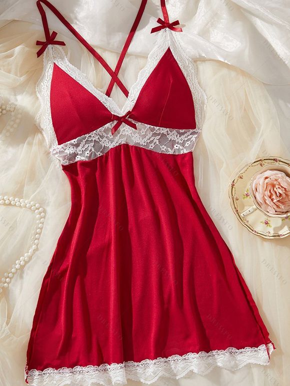 Robe de nuit à empiècements en dentelle colorblock, nœud croisé, lingerie - Rouge Vineux XL | US 10