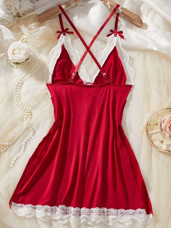 Robe de nuit à empiècements en dentelle colorblock, nœud croisé, lingerie - Rouge Vineux M | US 6