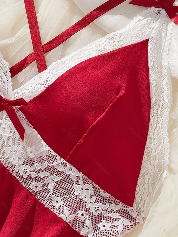 Robe de nuit à empiècements en dentelle colorblock, nœud croisé, lingerie - Rouge Vineux M | US 6