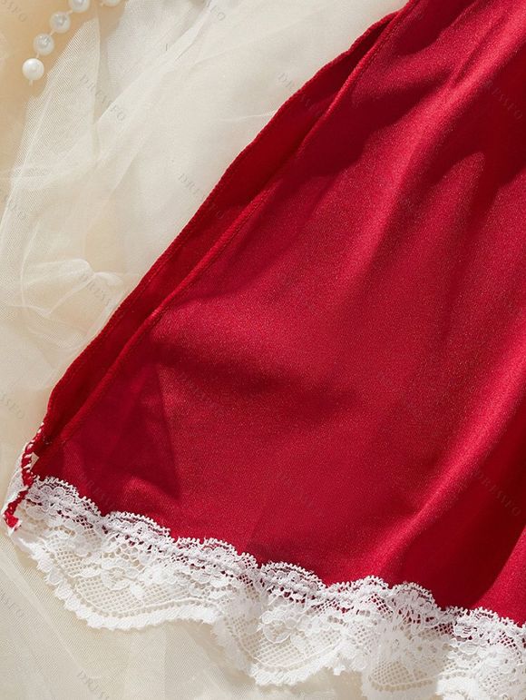 Robe de nuit à empiècements en dentelle colorblock, nœud croisé, lingerie - Rouge Vineux M | US 6