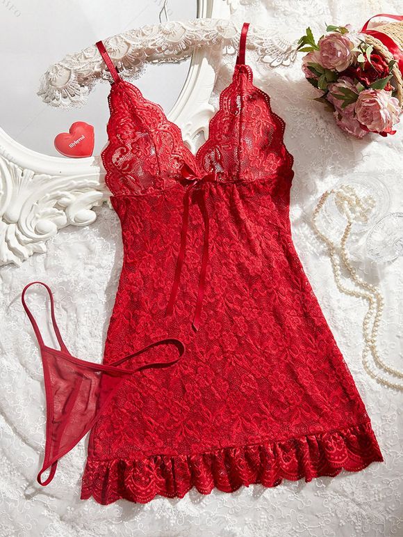 Ensemble de lingerie en dentelle de couleur unie, robe festonnée à nœud papillon, ensemble string - Rouge XL | US 10