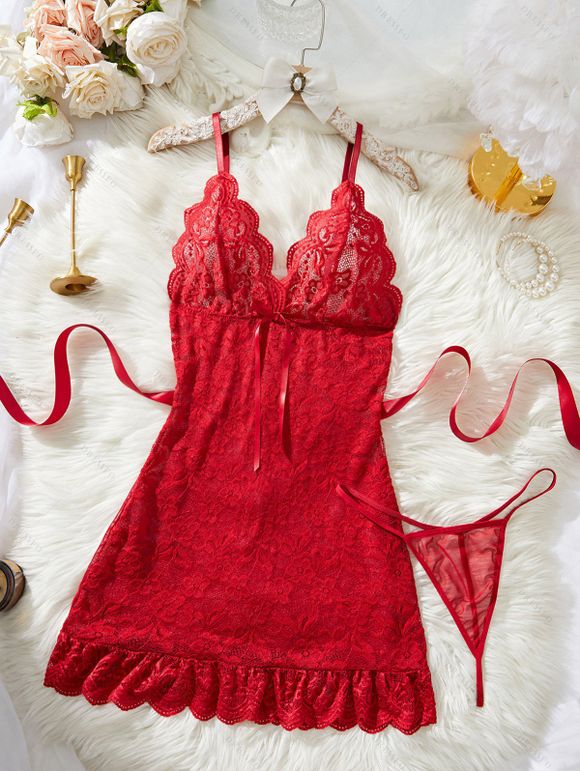Ensemble de lingerie en dentelle de couleur unie, robe festonnée à nœud papillon, ensemble string - Rouge M | US 6