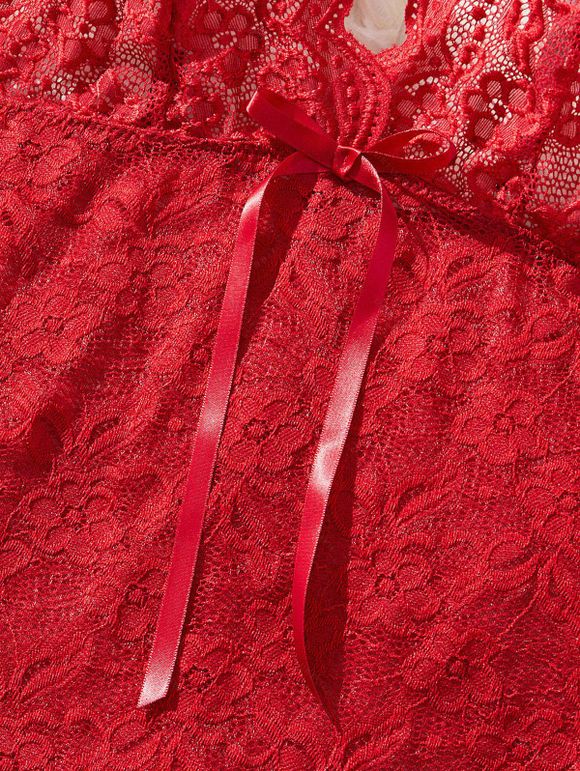 Ensemble de lingerie en dentelle de couleur unie, robe festonnée à nœud papillon, ensemble string - Rouge M | US 6