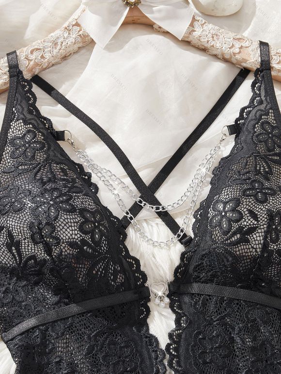 Robe de lingerie à empiècements en dentelle de couleur unie, décolleté plongeant croisé - Noir XL | US 10