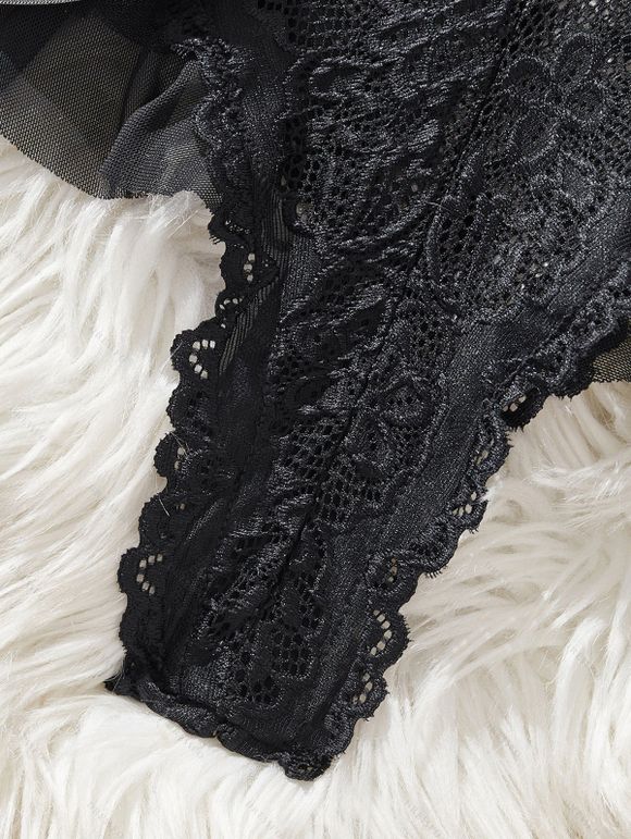 Robe de lingerie à empiècements en dentelle de couleur unie, décolleté plongeant croisé - Noir XL | US 10