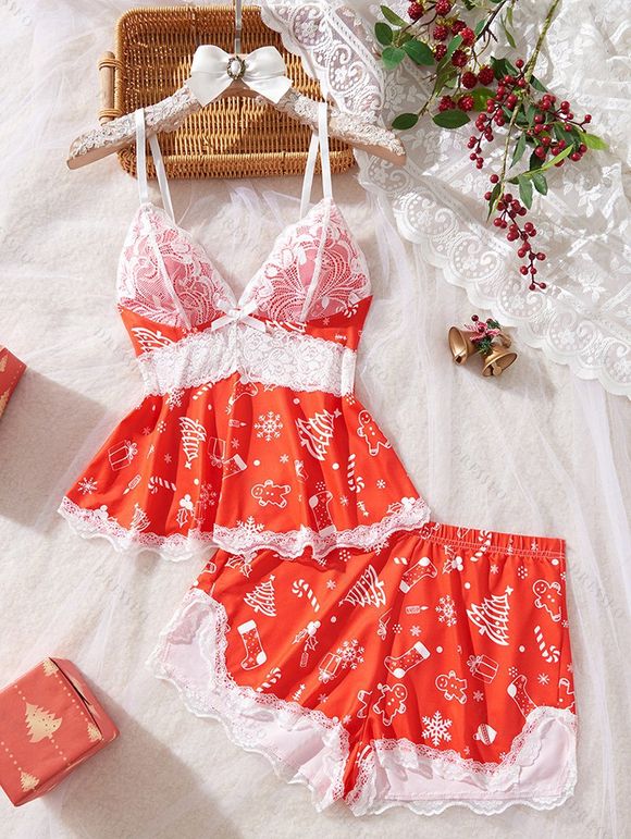 Ensemble de vêtements de détente à empiècements en dentelle, haut et bas à nœud papillon Holiday Elements - Rouge Cerise S | US 4
