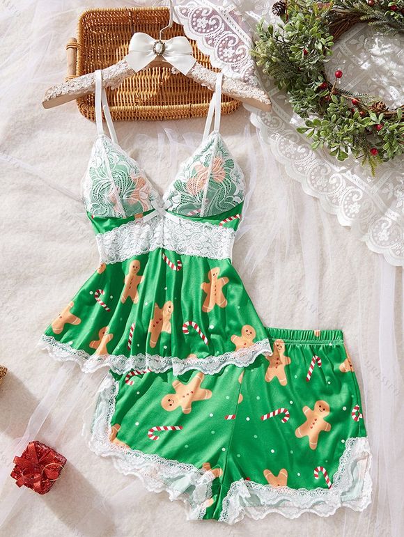 Ensemble de vêtements de détente à empiècements en dentelle, haut et bas à nœud papillon Holiday Elements - Vert S | US 4