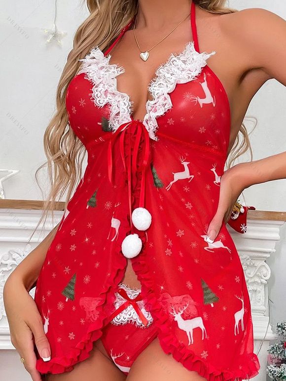 Ensemble de lingerie à imprimé sapin de Noël, haut dos nu en dentelle et culotte à nœud papillon - Rouge XL | US 10