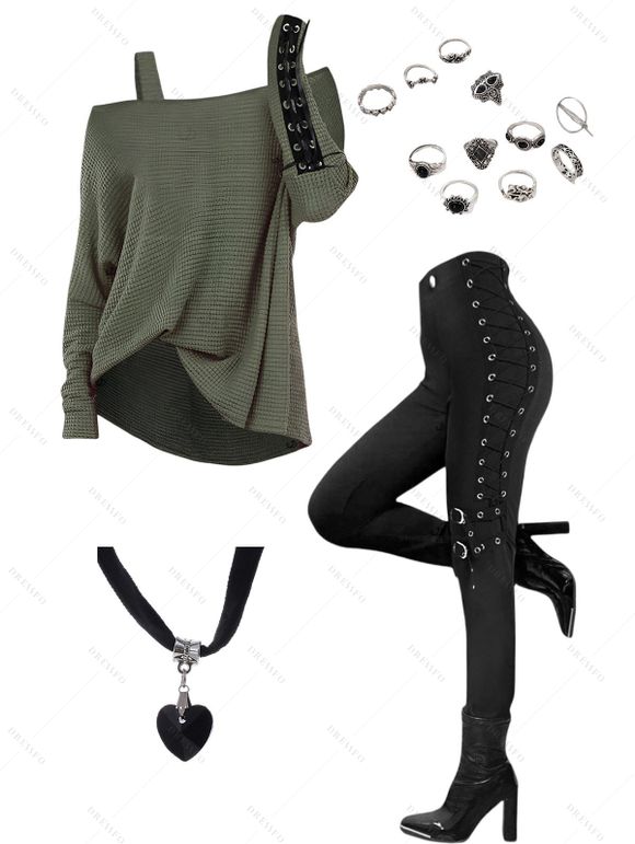 Gothic Outfit Solid Color Skew Neck Top Grommet Pants and Rings Choker Set - Vert Armée S | US 4