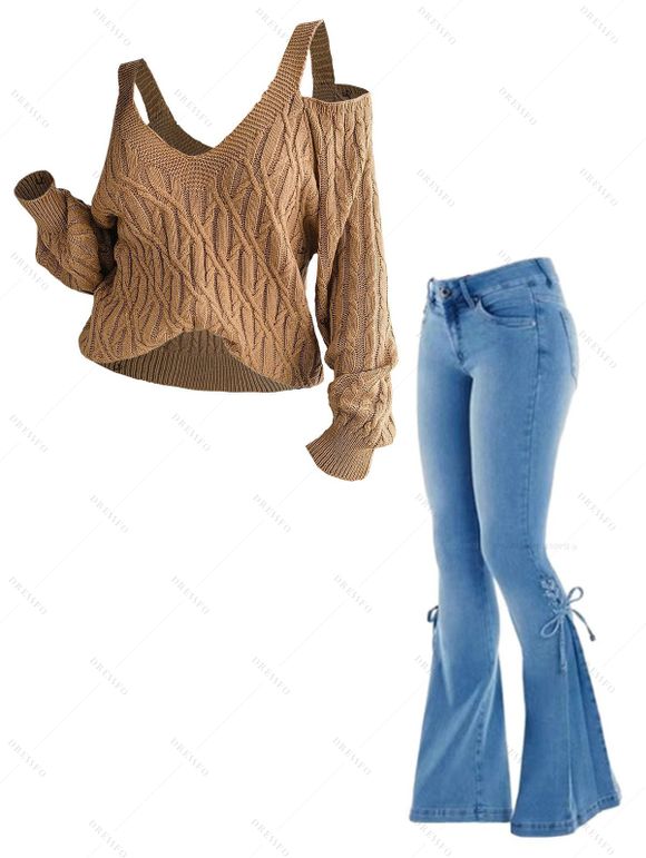 Women Outfit Solid Color Knitted Cold Shoulder Sweater and Lace Up Flare Jeans Set - café S | US 4