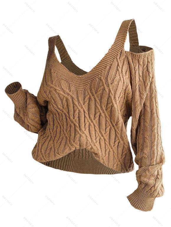 Women Outfit Solid Color Knitted Cold Shoulder Sweater and Lace Up Flare Jeans Set - café S | US 4