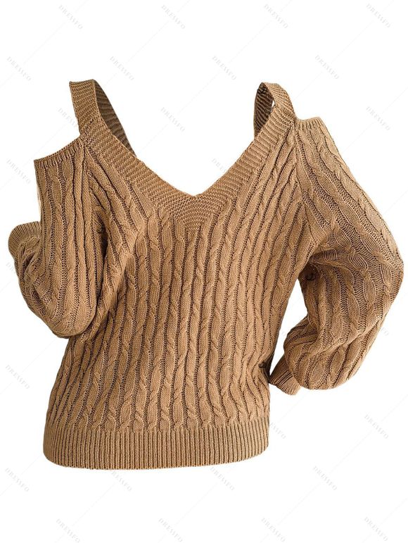 Women Outfit Solid Color Knitted Cold Shoulder Sweater and Lace Up Flare Jeans Set - café S | US 4