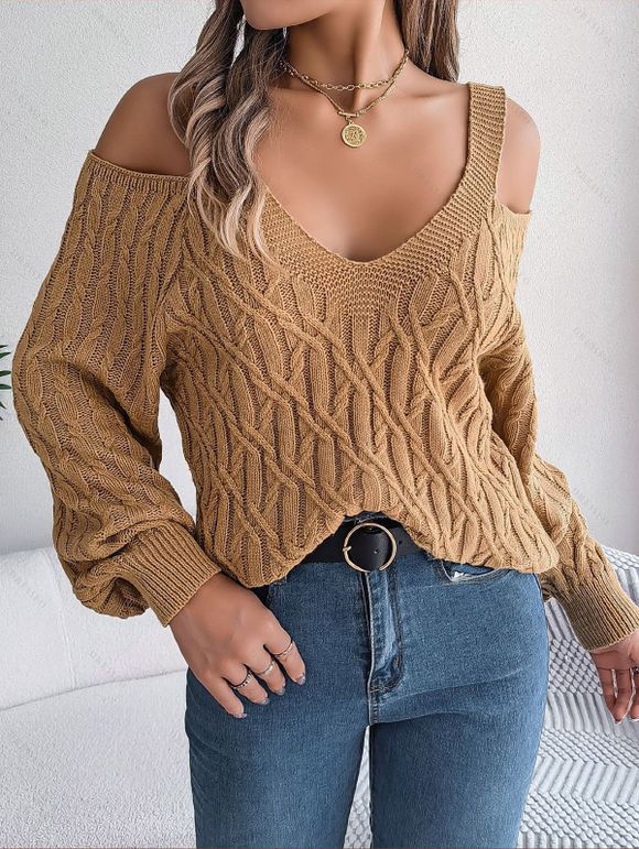 Women Outfit Solid Color Knitted Cold Shoulder Sweater and Lace Up Flare Jeans Set - café S | US 4