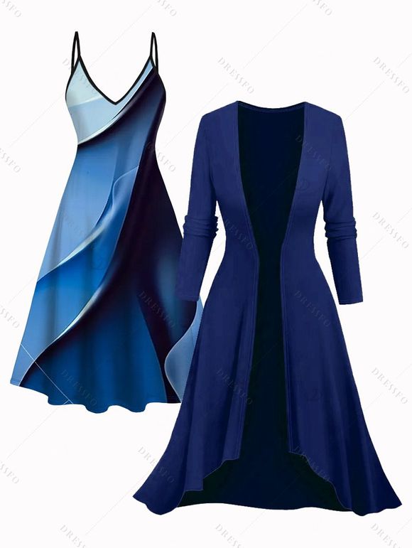 Ensemble robe pour femme, robe à bretelles spaghetti imprimée ombrée et robe ouverte sur le devant - Bleu profond XL | US 12