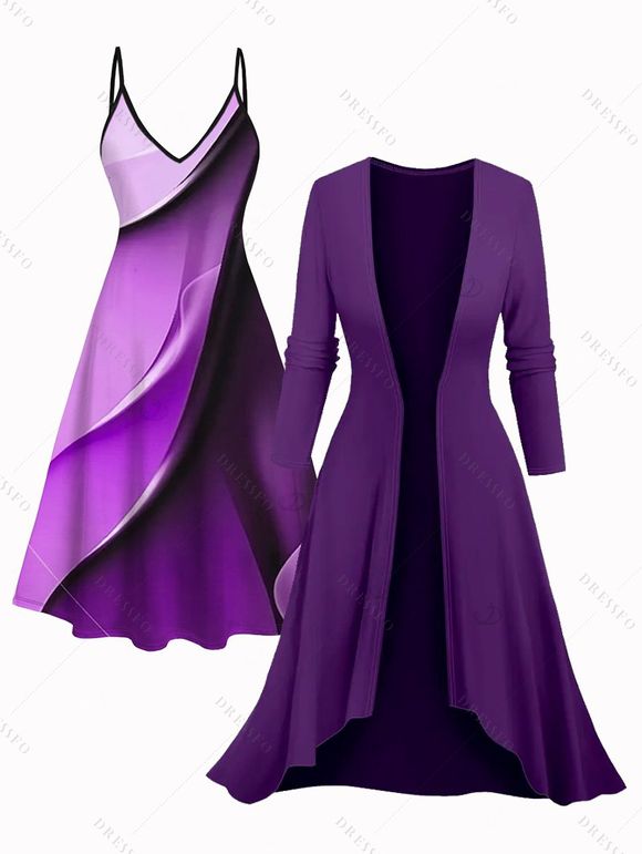 Ensemble robe pour femme, robe à bretelles spaghetti imprimée ombrée et robe ouverte sur le devant - Concorde L | US 8-10