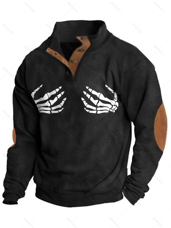 Sweat-shirt d'Halloween pour homme, imprimé squelette colorblock, col montant, style gothique - Noir XXXL