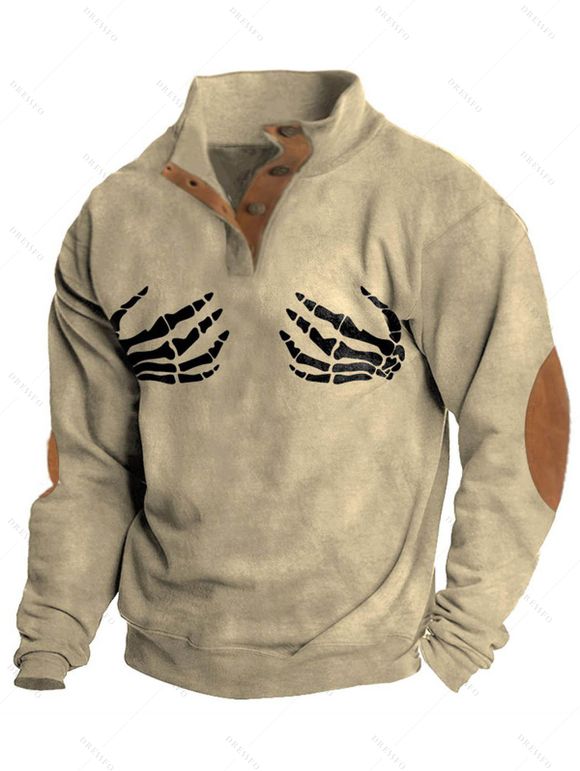 Sweat-shirt d'Halloween pour homme, imprimé squelette colorblock, col montant, style gothique - café lumière XXXL
