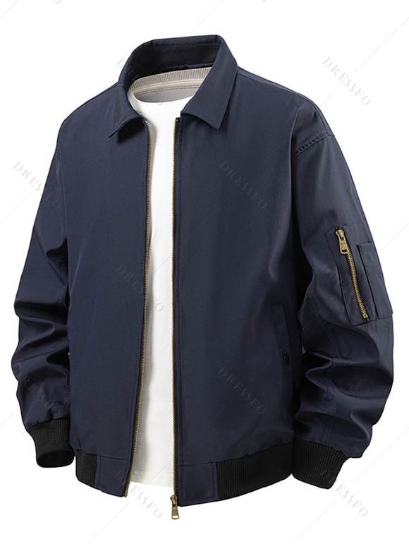 Manteau uni à manches longues et poches zippées pour homme - Bleu Marine XXXL