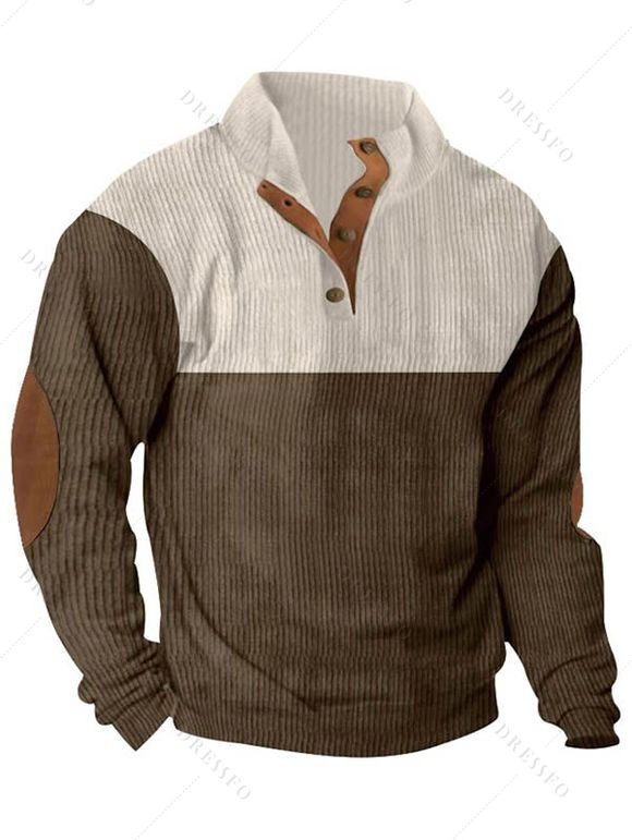 Sweat-shirt en velours côtelé colorblock pour homme, haut texturé à col montant - café lumière XXXL