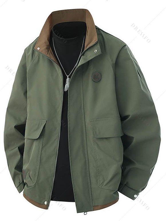 Manteau à col montant pour homme, poches à lettres, colorblock, fermeture éclair - Vert profond XXXL