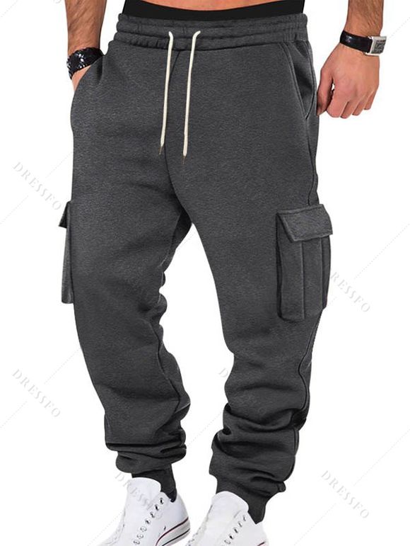 Pantalons de couleur unie pour hommes, pantalons longs à cordons de serrage et poches multiples - Gris XXXL