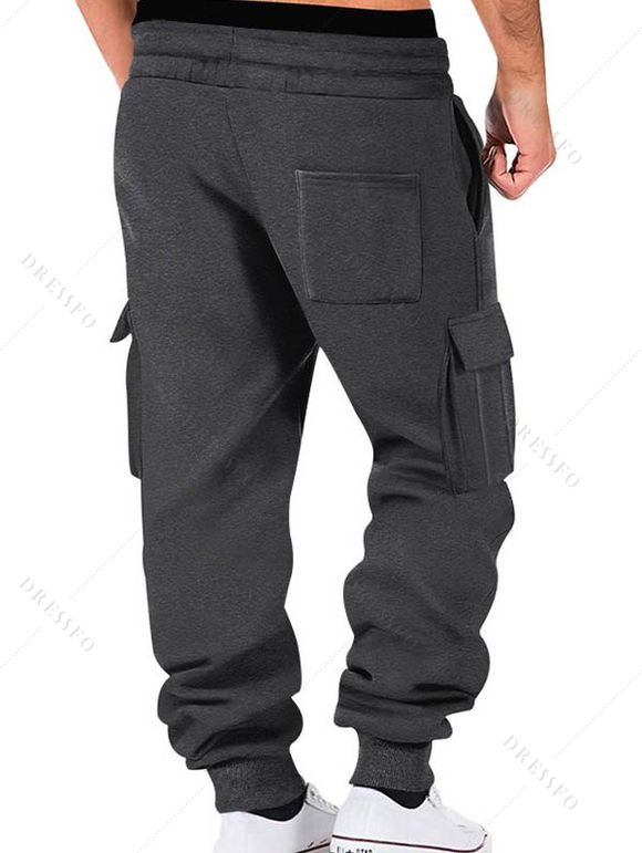 Pantalons de couleur unie pour hommes, pantalons longs à cordons de serrage et poches multiples - Gris XXXL