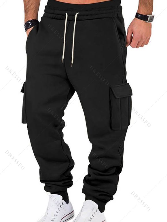 Pantalons de couleur unie pour hommes, pantalons longs à cordons de serrage et poches multiples - Noir XXXL