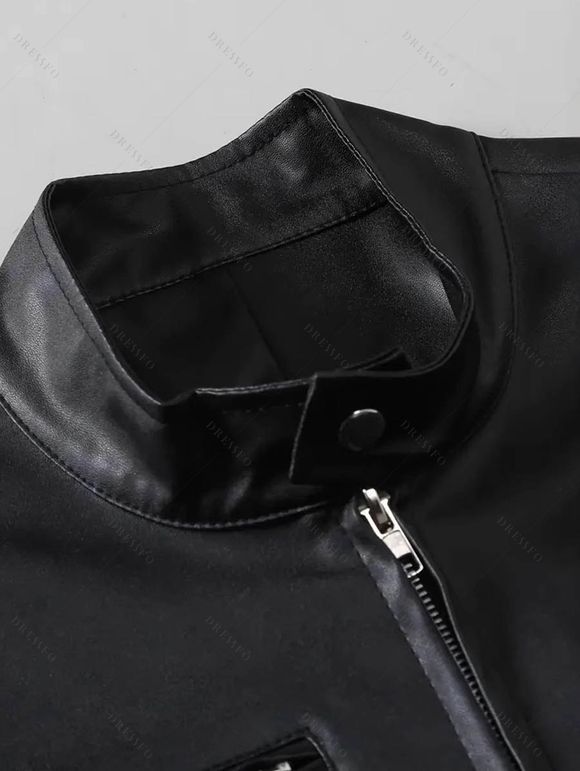 Manteau en PU pour homme, couleur unie, avec poches zippées et col montant - Noir XXXL