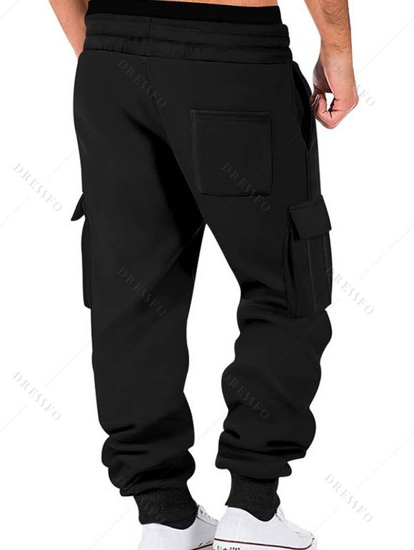 Pantalons de couleur unie pour hommes, pantalons longs à cordons de serrage et poches multiples - Noir XXXL