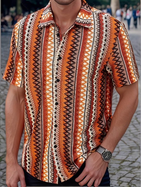 Chemise bohème pour homme, style ethnique, imprimé rayé, boutonnée, pour les vacances - multicolor A XXXL