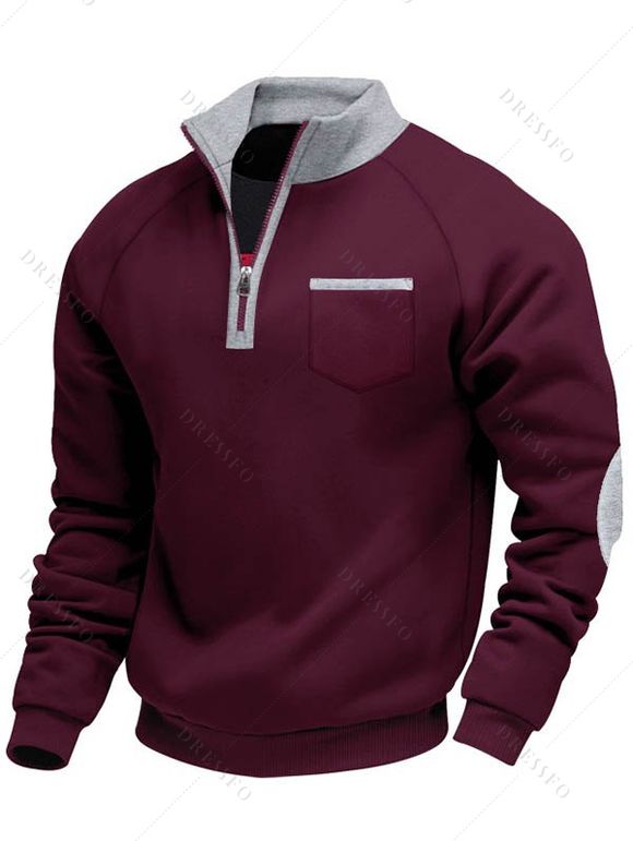 Sweat-shirt colorblock pour homme avec poche avant zippée et col montant - Rouge Vineux XXXL