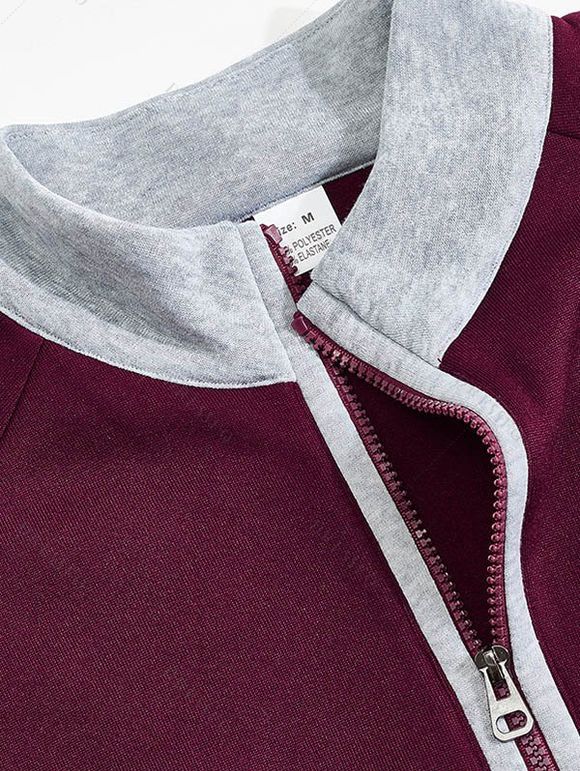 Sweat-shirt colorblock pour homme avec poche avant zippée et col montant - Rouge Vineux XXXL