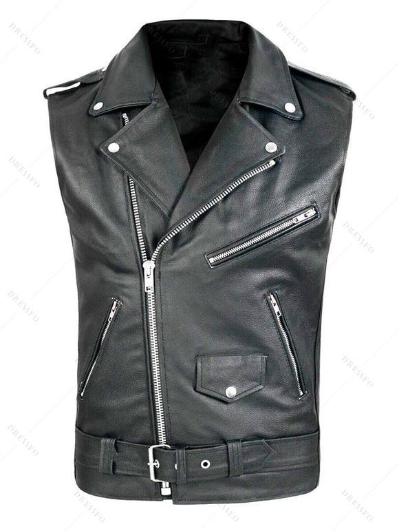 Gilet de couleur unie pour homme, poches multiples, ceinture auto-agrippante, gilet zippé - Noir XXXL