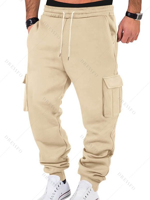 Pantalons de couleur unie pour hommes, pantalons longs à cordons de serrage et poches multiples - café lumière XXXL