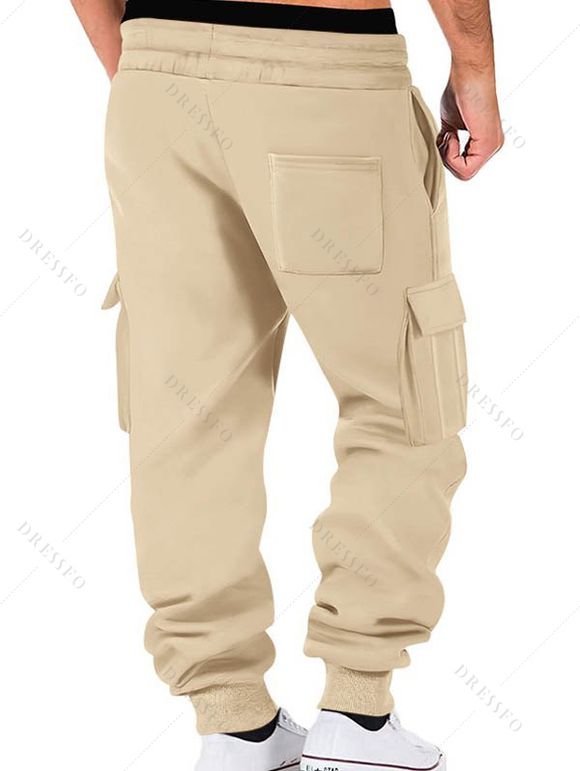 Pantalons de couleur unie pour hommes, pantalons longs à cordons de serrage et poches multiples - café lumière XXXL