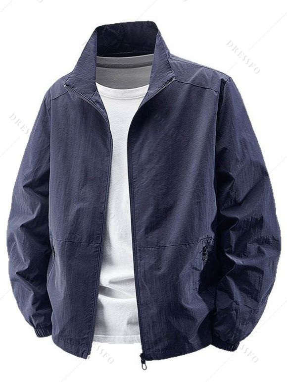 Manteau uni à manches longues et poches zippées pour homme - Bleu Marine XXXL