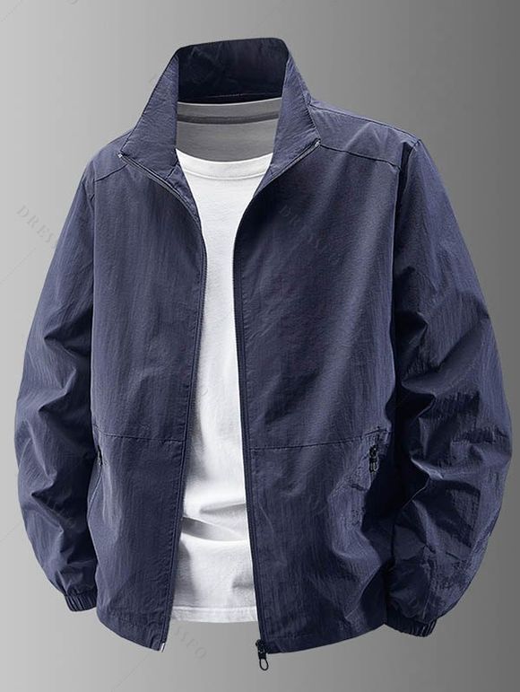 Manteau uni à manches longues et poches zippées pour homme - Bleu Marine XXXL
