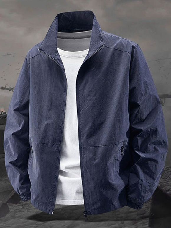 Manteau uni à manches longues et poches zippées pour homme - Bleu Marine XXXL