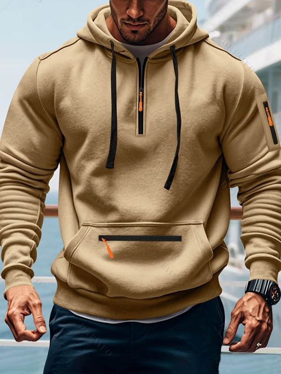 Sweat à capuche pour homme avec fermeture éclair, plusieurs poches et cordons de serrage - café lumière XXXL