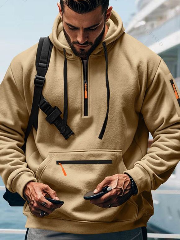 Sweat à capuche pour homme avec fermeture éclair, plusieurs poches et cordons de serrage - café lumière XXXL