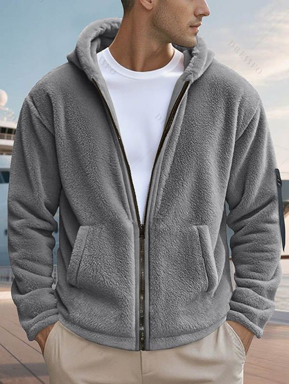 Manteau à capuche uni pour homme, avec poche zippée et manches longues - Gris XXXL