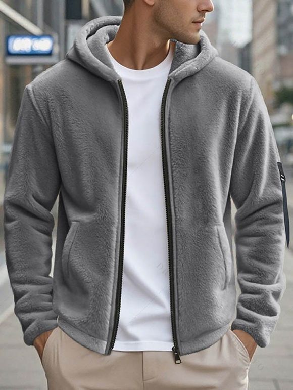 Manteau à capuche uni pour homme, avec poche zippée et manches longues - Gris XXXL