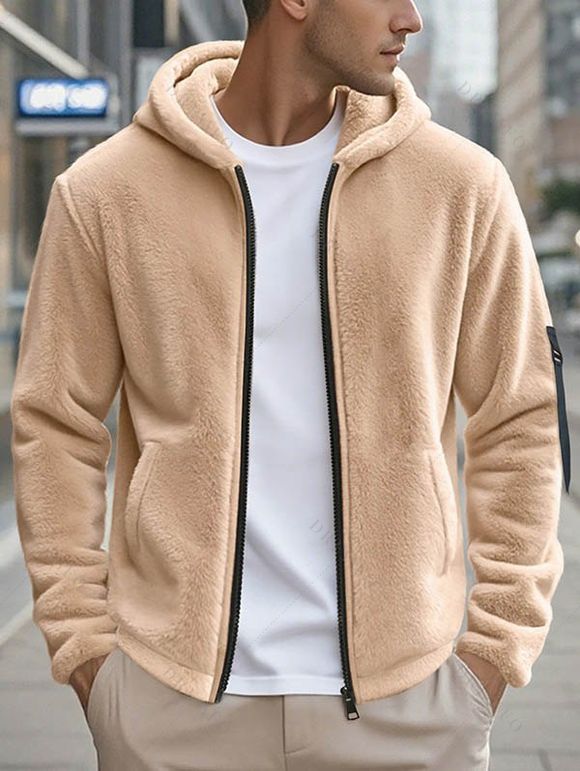 Manteau à capuche uni pour homme, avec poche zippée et manches longues - café lumière XXXL