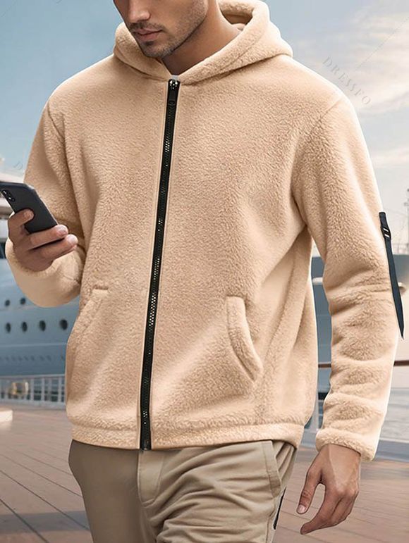 Manteau à capuche uni pour homme, avec poche zippée et manches longues - café lumière XXXL