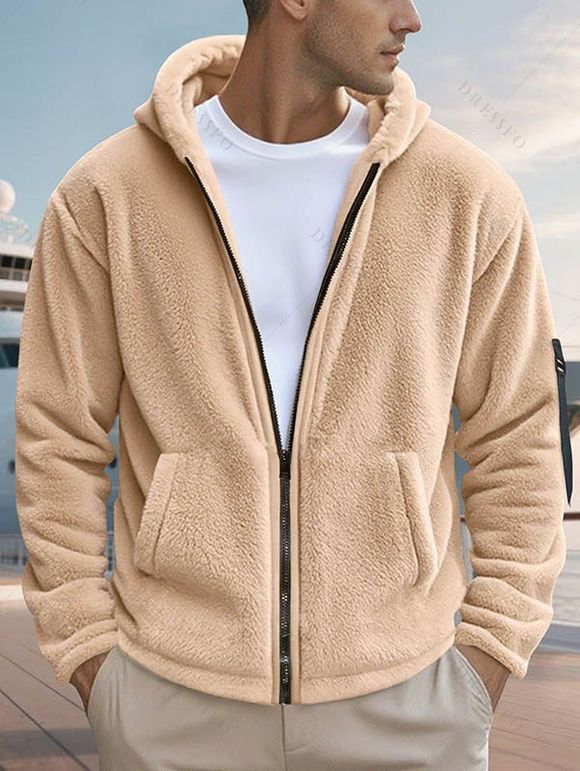 Manteau à capuche uni pour homme, avec poche zippée et manches longues - café lumière XXXL