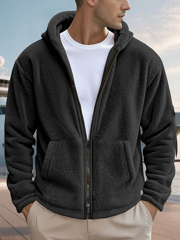 Manteau à capuche uni pour homme, avec poche zippée et manches longues - Noir XXXL