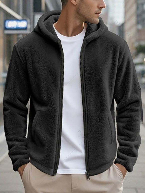 Manteau à capuche uni pour homme, avec poche zippée et manches longues - Noir XXXL