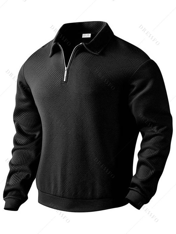 Sweat-shirt à manches longues et fermeture éclair texturée pour homme, couleur unie - Noir XXXL